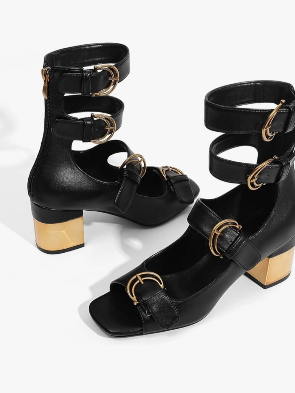 Black Strappy Buckle Gold Block Heel Sandals - Size 7.5